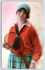 1920-30s RPPC GORGEOUS HAND COLORED FEMALE TENNIS PLAYER ORANGE SWEATER POSTCARD picture