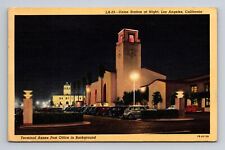 c1941 Postcard Union Station at Night Old 1940s Cars Los Angeles CA California picture