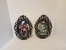 2 Vintage MCM Brass Ornate Made In ITALY Brass Frame With Dark Florals picture