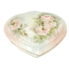 Vintage  Hand Painted Floral Porcelain Heart Shaped Trinket Dresser Box picture