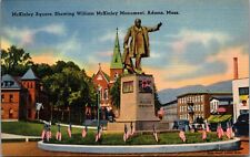 Adams MA William McKinley Square Monument Flags Cars Tichnor Linen Postcard UNP picture