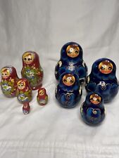 Lot Of 2 Sets Of Russian Hand Painted Nesting Dolls Red 4 Pc Set Blue 5 Pc Set picture