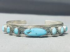 BREATHTAKING VINTAGE NAVAJO TURQUOISE ROW STERLING SILVER BRACELET CUFF picture