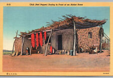 Postcard Native American Drying Chili Red Pepper Adobe House New Mexico Linen picture
