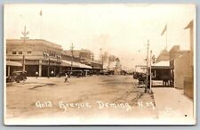 Deming NM~Gold Avenue~JA Mahoney Building~Groceries~Drug Store~Cars~1915 RPPC picture