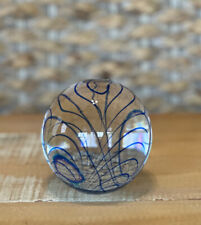 Vintage Clear Art Glass Paperweight with Blue Swirl Polished Base Unmarked 3” picture
