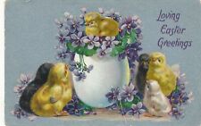 EASTER - Chicks At Flower Filled Egg Loving Easter Greetings Postcard picture