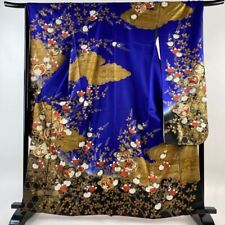64.2inc Japanese Kimono SILK FURISODE Tachibana Hagi Dark blue picture