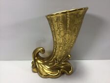 T81 Vintage Retro Boho Mid Century Gold Floral Encrusted Cornucopia Art Vase picture