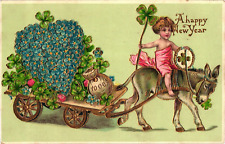 A HAPPY NEW YEAR Child & Donkey Pulling Money & Clover Wagon Vintage Postcard picture