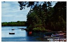 Greetings from Fontana WI Wisconsin Boating Pleasures Chrome Postcard picture