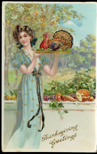 Antique Postcard Thanksgiving Greetings Lovely Edwardian Lady Serving Turkey picture