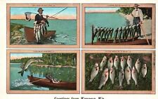 Vintage Postcard 1920's Catching Fish Greetings Card From Waupaca Wisconsin WI picture