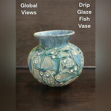 Global Views Ceramic Pottery, 10” Blue Drip Glaze Fish Vase. picture