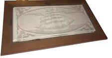 Vintage Wooden Jewelry Box Etched Clipper Ship Glass Wood Box Nautical Nice picture