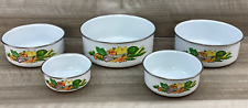 Vintage MCM Kitchy Enamel Nesting Bowls Vegetables Print, Set Of 5 with 3 lids picture