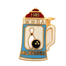 Vtg 1985 WWBA Milwaukee Bowling Award Lapel Hat Pin Wisconsin Beer Stein picture