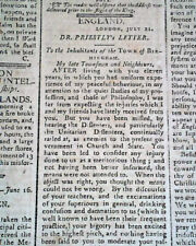 Joseph PRIESTLEY RIOTS Birmingham England re. French Revolution 1791 Newspaper picture