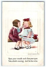 c1910's Valentine Children Eating Chocolates Embossed Baumann Antique Postcard picture