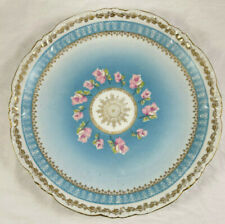 Floral Cake Plate Platter Blue w/ Pink Vintage 12