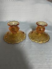 Vintage Fenton Amber Cabbage Rose Taper Candle Holders picture