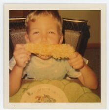 Vintage Snapshot Photo It's Corn Cute Boy Chowing Down Corn Cob Fun Silly 1970s picture