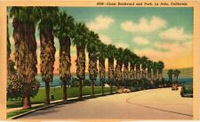 Vtg Postcard Coast Boulevard & Park La Jolla CA Mexican Fan Palm Trees Cars 1940 picture