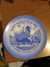Vintage Decorative Nebraska Where The West Begins Plate Blue with Gold Trim Used picture
