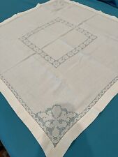 Vintage Fine Linen Drawn-Thread Lace Luncheon Cloth Table Topper White 32