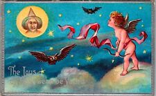 Vintage 1909 Cupid, Witch, Bat, Moon & Owl Antique Halloween Postcard (UNPOSTED) picture