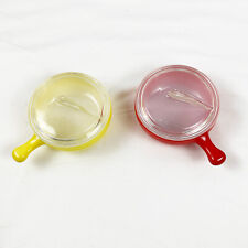 1950s 2 Glassbake Primary Color Lug Handled Soup Bowls w Sharkfin lids picture