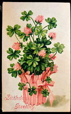 Vintage Victorian Postcard 1901-1910 Birthday Greetings - Pot of 4-Leaf Clover picture