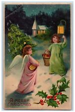 1907 Christmas Tree Angels Holly Berries Embossed Wilmington DE Antique Postcard picture