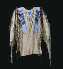 Old Style Beige Buckskin Suede Hide Fringes Beaded Powwow War Shirt NHS07 picture