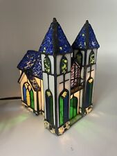 Vintage Tiffany Style Stained  Slag Glass Lighted Town Church Lamp Accent Light picture
