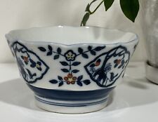 Asian Blue White Porcelain Bowl Burnt Orange Yellow Flowers Scalloped Rim (HNN) picture