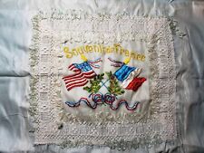 Original WWI US FRANCE Flags Embroidery Souvenir Blue Silk With Lace ~24