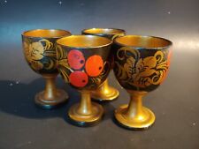 Vtg Russian Traditional Khokhloma Berry Hohloma Wood Egg Shot Cup Goblet Set of4 picture