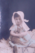 1910s Cat Kitten Child w/ Bonnet Pet RPPC Real Photo Antique Vintage Postcard picture