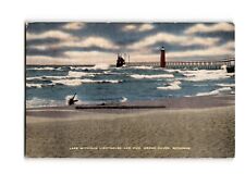 LAKE MICHIGAN LIGHTHOUSE AND PIER, GRAND HAVEN, MI VINTAGE POSTCARD picture