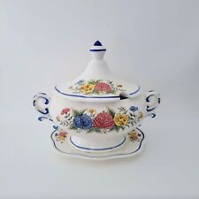 Large Japanese Floral Soup Tureen & Platter, White & Blue, Bright Floral c.1960s picture