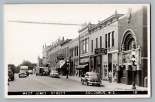 Columbus Wisconsin WI W James Street Drugs Soda Real Photo Postcard RPPC 1930-50 picture