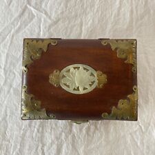 Vtg Chinese Rosewood Jewelry Box Shell Carved Inlay Lid Engraved Brass Accents picture