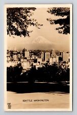 Seattle WA-Washington RPPC, City Skyline & Mount Rainier, Vintage Postcard picture