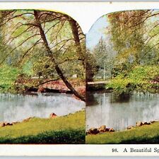 c1900s Milan, Italy Beautiful Spot Nature Pond Stereoview Tree Lake European V35 picture