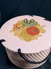 Vintage 1940s Princess Sewing Basket Round Wicker Decal Cream Colored picture