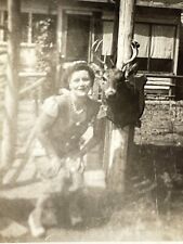 1A Photograph Pretty Beautiful Woman Crouching  Mounted Stuffed Deer Buck 1940s picture