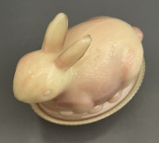 Vintage Pink Yellow Milk Glass Bunny Rabbit On Basket Weave Nest Candy Trinket picture