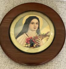 St Therese of Lisieux Catholic Wood Vintage Handmade Round Plaque Dried Flowers picture