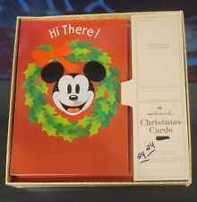 Vintage Greeting Card Disney Christmas Green Wreath Mickey Mouse Hallmark Box 24 picture